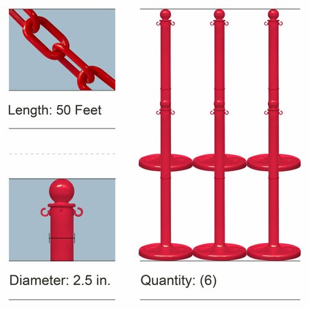 MR. CHAIN Red Medium Duty Stowable Stanchion Kit and Chain, 6PK 73705-6